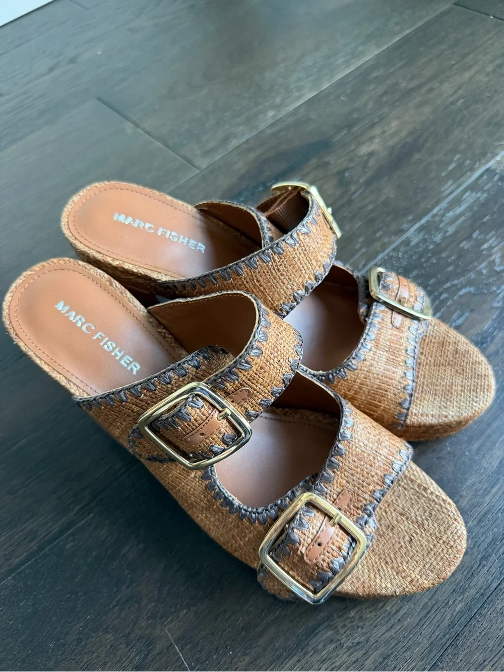 Marc Fisher Tan Brown Textured Leather Platform Mules with Gold Buckles